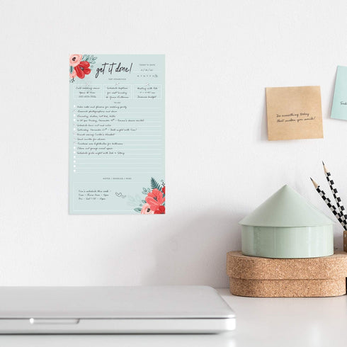 Modern Chic Floral Daily Notepad, 6" x 10" Sticky Note Fill in Priority List, Mint Coral Red Productivity Pad