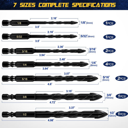 12-PCS Concrete Drill Bit Set, Masonry Drill Bits for Concrete Brick Wall, Tile Glass Ceramic, 1/8 to 1/2 inch