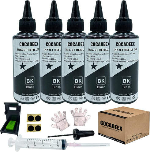 COCADEEX 5 Bottles Black Ink Refill Kit, Compatible with Ink Cartridges 67XL, 65XL, 64XL, 63XL, 62XL, 500ml Black Ink