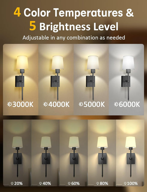 Set 2: 8000mAh Dimmable TOOWELL Battery Operated Wall Sconce of Black Rechargeable Wall Lights Fixtures LED with Remote