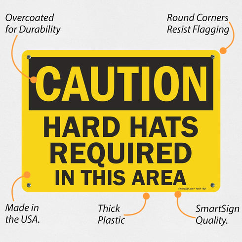 SmartSign "Caution - Hard Hats Required in This Area" Sign, 10" x 14" Plastic