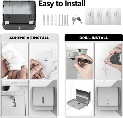 Commercial 200 Paper Towel Dispenser Wall Mount & Home Use ABS Matte Silver Gray with Window Holds C/Z/Multi-Fold