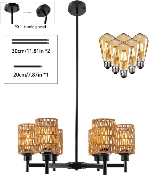 24.8" 6-Light Dimmable Rustic Retro Ceiling Light Ceiling Mount Lamp, Chandeliers, for The Living Room, Dining Room