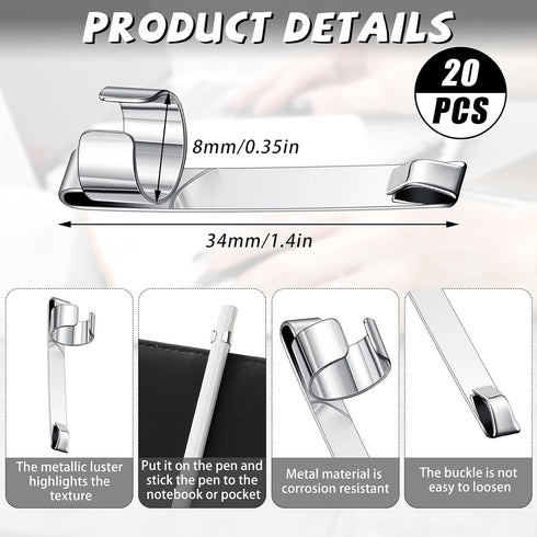 Zonon Metal Pencil Clips, Slide on Pencil Pocket Epoxy Pen Clips for Office Home (20 Pieces)