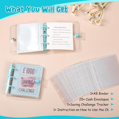Mafegu 25 $1000 $1000) Mini Money Saving Binder with Envelopes, Savings Challenge Book, Portable for Budgeting Cash