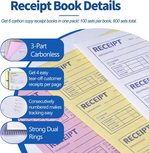 sunanday 6 Pack Insert,7-5/8" 10-7/8" Bound,3 Carbonless,100 Sets Book,4 Large Money and Rent Receipt Books