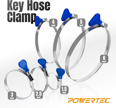 POWERTEC 70127 2-1/2 Inch Key Hose Clamp, Thumb Screw Key Adjustable Stainless Steel Hose Clamps for Dust Collection