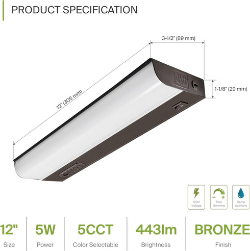 12 Inch 5W 2700K-5000K 442LM, CRI90+, Counter Dimmable ASD LED Under Cabinet Lighting Hardwired, Selectable, Direct