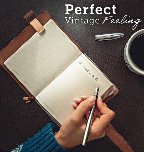 Leather Writing Journal Notebook - Handmade Refillable Travel Diary, 5.3" x 4", 180 Pages, Pen Holder, Card Holder for