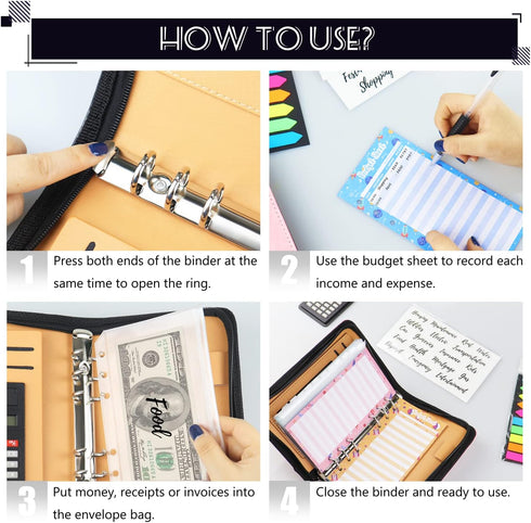 Budget Binder with Zipper Envelopes, Cash Envelopes for Budgeting, A6 PU Leather Planner 2024 with Cash Envelopes, Bill