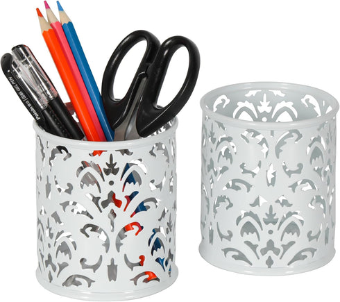 EasyPAG Metal Round Pencil Holder 2 Pack - White Pen Cup Organizers for Desk