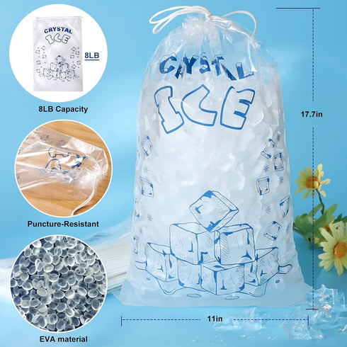 Ice Bags 8 lb with Drawstring, 50 Count Heavy-Duty Reusable Ice Cube Bags for Portable Storage and Freezer