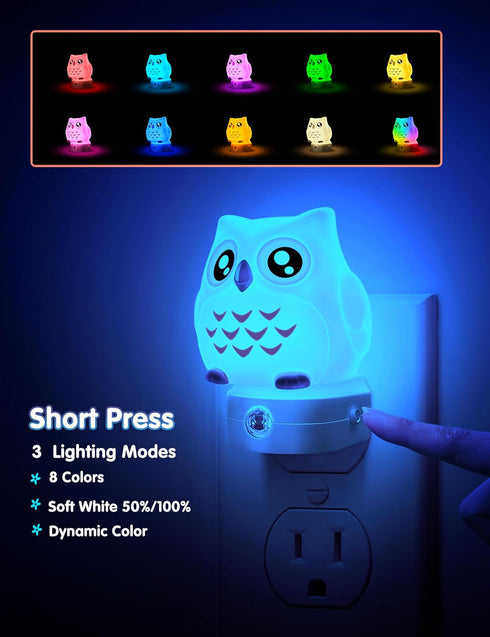 3D 8-Color 3000K, 3 L LOHAS LED Owl Night Light for Kids, Owl Night Light Plug in Wall, Dusk to Dawn Sensor