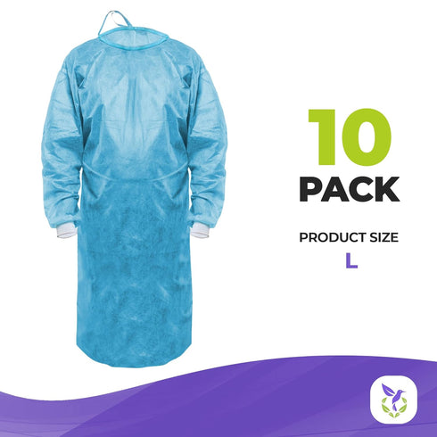 AMZ Medical Supply Disposable Isolation Gown, Large. 10 Pack of Blue 45 GSM SMS Disposable Gowns Medical. Fluid Resistant and Breathable Isolation Gowns Disposable with Knit Wrists and Long Back Ties