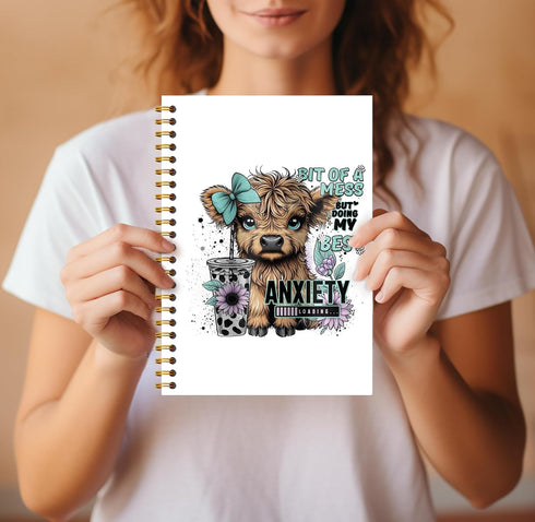 Bit of a Mess Anxiety Funny Highland Cow Notebook, Western Cow Office Supplies, Cute Cow Spiral Notebook 5.5x8.3
