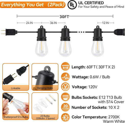 Adirxon 60FT 2-Pack Dimmable S14 Bulbs IP44 Pack Total LED Outdoor String Lights Extendable Weatherproof Shatterproof