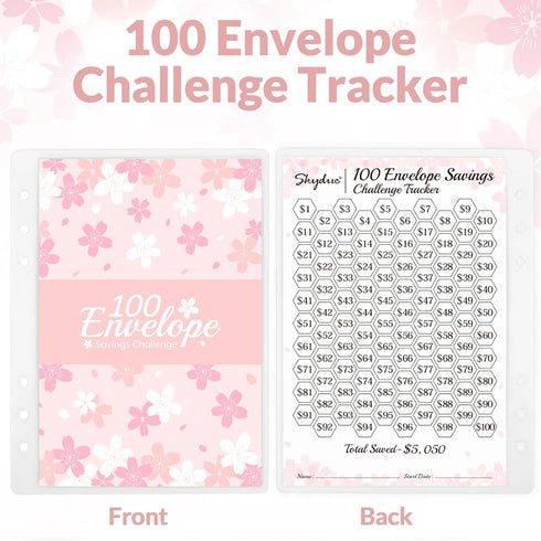 SKYDUE 100 Envelopes Challenge Binder with Laminated $5050 Tracker Sheet & Pre-numbered Pockets (Pink) by SKYDUE