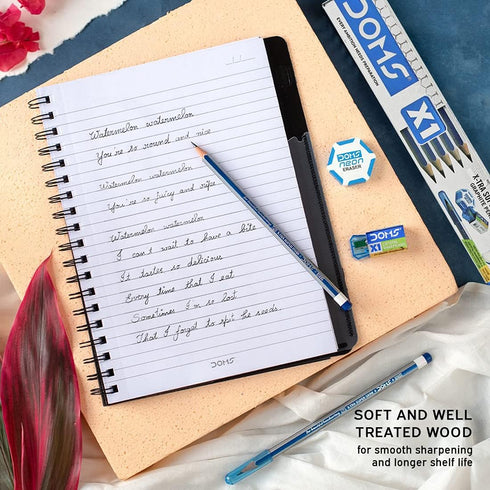 Doms X1 X-Tra Super Dark Pencils, 1 Pack - 10 Pencils + Eraser, Sharpener, Protection Cap