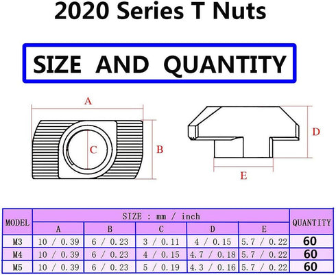 Socell 180Pcs 2020 Series T Nuts, M3 M4 M5 T Slot Nut Hammer Head Fastener Kit, Nickel Plated
