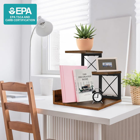 Jolitac Wood Desktop Shelf, Adjustable 3 Tier Storage Display Rack for Office Decor with Metal Frame, Brown