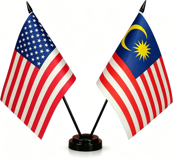 US America & Malaysia Friendship Table Flag Display, American & Malaysia Desk