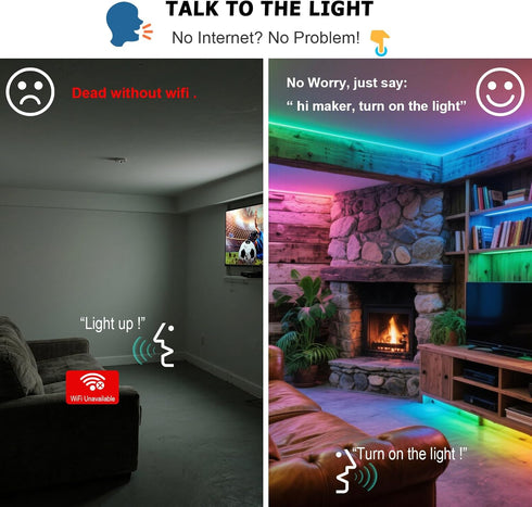 Dimmable 16.4ft AI Voice Activated Under Bed Lights Strip,Indoor Kids Bedroom Night Lights RGBW, No App/Wifi Required