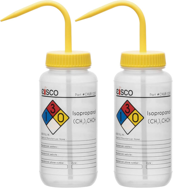 EISCO 6PK Wash Bottle for Isopropanol, 500ml, Labeled with Color Coded Chemical & Safety Information