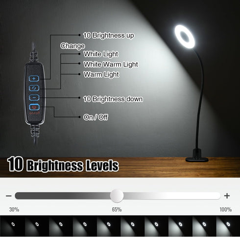 Clamp on Desk Lamp, 8W Clip Light with 3 Color Options, 10 Dimmable Illumination Modes (Black)