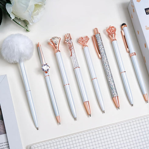 WEMATE 8Pcs Ballpoint Pens Set, Metal Crystal Diamond Glitter Pens for Journaling, White Pen Bling in Black & Blue Ink,