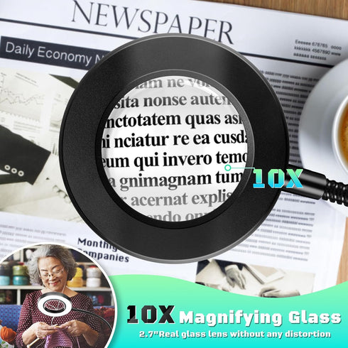 10X Magnifying Glass with Light, Clip on Mganifier with Light, 48 LED Desk Magnifying Glass wtih Clamp, 3 Modes Dimmable Magnifying LED Lamps for Bed Work Crafts DIY Repair by NZQXJXZ