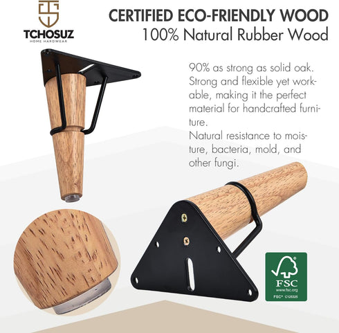 TCHOSUZ 5 Inch 13 cm Set 4 / Wooden Furniture Legs, of Solid Wood Mid-Century Modern Metal Triangle Top Plate