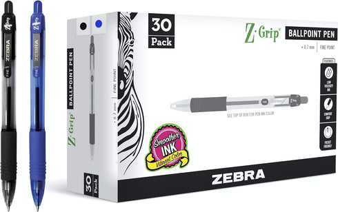 Zebra Pen Z-Grip Retractable Ballpoint Pen, Fine Point 0.7mm, 30-Pack Assorted Black/Blue Ink
