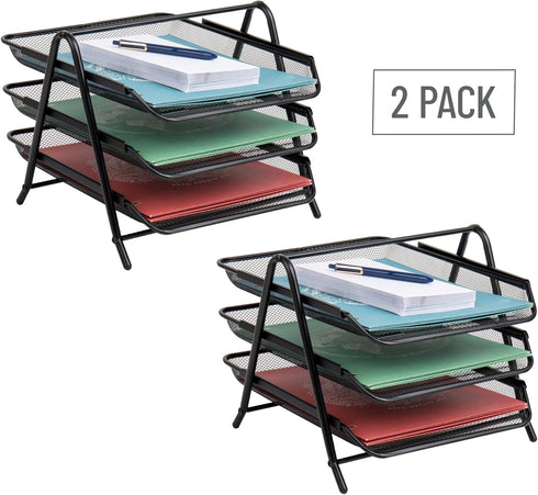 Mind Reader 3-Tier Paper Tray, Set of 2, Desktop Organizer, Metal Mesh File Storage, Black