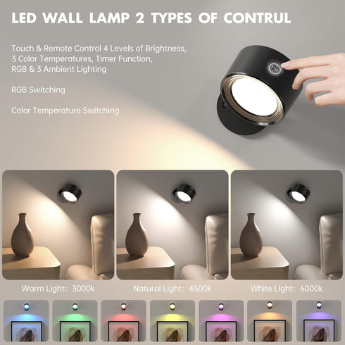 Racokky 3000mAh, 3 Dimmable 360 LED Wall Lights with Remote, RGB Rechargeable Wall Mounted Reading Sconces Lamp Colors