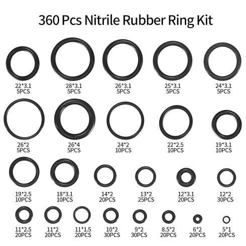 O Ring Assortment Kit, 360 Pcs Rubber Washer Orings, 24 Sizes Pressure Washer O Ring Kit for Faucet, Hose, Automotive, Air Gas Plumbing Sealing Repair O Rings, Black