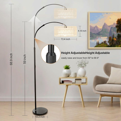 Feijidengshi 3 Dimmable Bulb,Farmhouse Arc Floor Lamp for Living Room,Stylish Rattan Boho Floor Lamp with Color