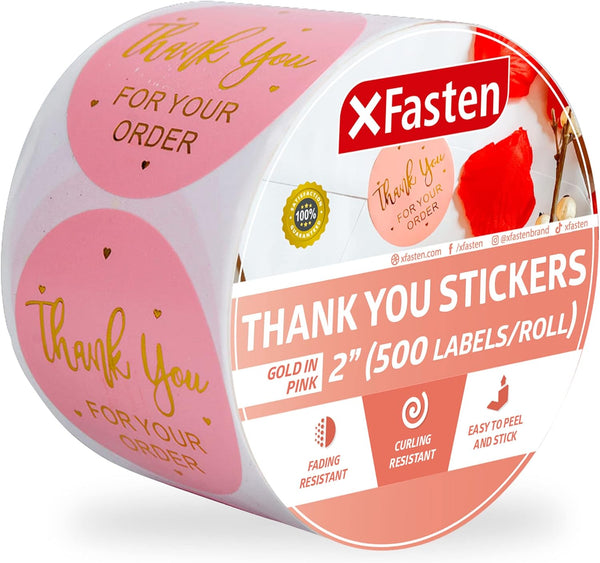 XFasten Pink Thank You Stickers Roll for Small Business, 500 2-inch Round Thank You Sticker Tags, Microwave-Safe Label