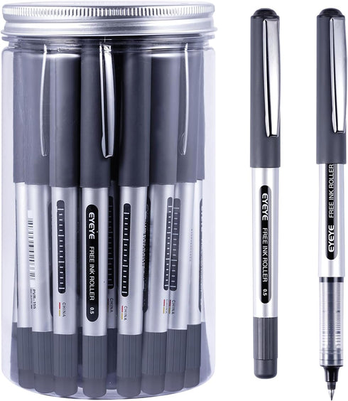 Bullet Tip Rollerball Pens 25 Pack, Black Liquid Ink, Fine Point 0.5mm, Quick Drying for Writing Journaling School