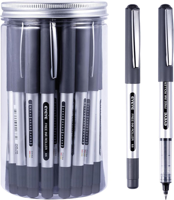 Bullet Tip Rollerball Pens 25 Pack, Black Liquid Ink, Fine Point 0.5mm, Quick Drying for Writing Journaling School