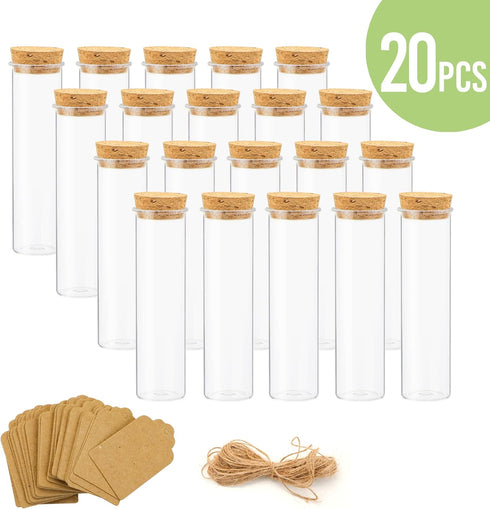 20 Pcs 60ml Flat Test Tubes with Cork Stoppers for Candy Storage, Plant, Party