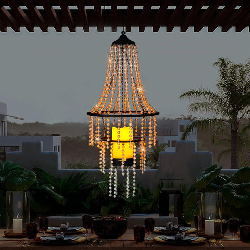 SUNNYPARK 28 Hanging Candle Lantern Outdoor, Battery Operated Modern Clear Acrylic Crystal Chandeliers with Flickering
