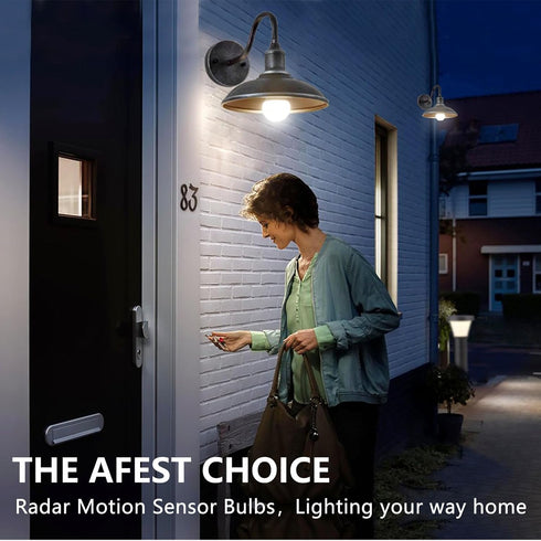 Radar Motion Sensor LED Light Bulbs, Dusk to Dawn Radar Motion Activated Bulb 9W 5000K Daylight White A19 LED Bulb, E26 Base, for Hallway, Garage, Basement, etc, 2 Packs by Ajuns