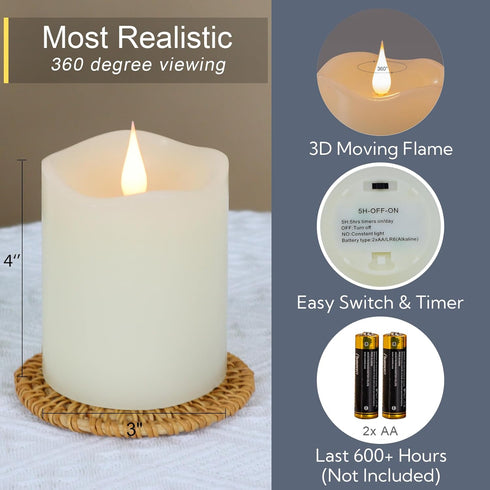 Flameless Candles Battery Operated with Timer, 3D Moving Flame Flickering, Last 600+ Hours Battery Candles, 3" x 4" Ivory Real Wax Electric LED Candle for Wedding Party Decorations by TECHLONG