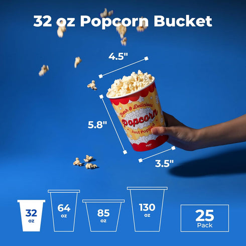 Fit Meal Prep 25 Pack Classic Paper Popcorn Buckets - 32 Oz Disposable Grease Resistant Bowls for Movie Night