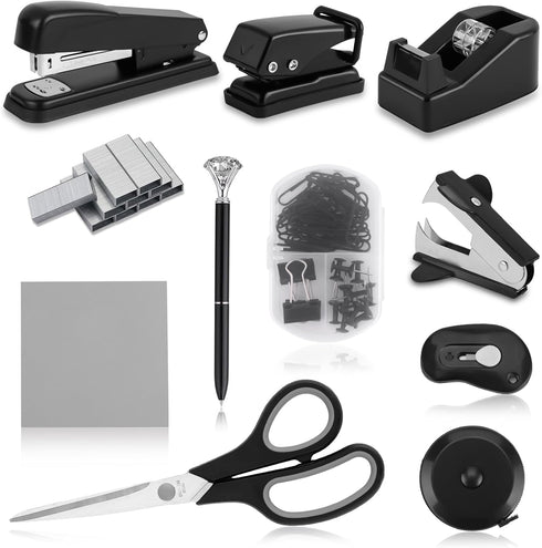 Black Desk Accessory Kit, Cute Office Supplies Set, Desktop Stapler Set includes Staple Remover, Hole Punch, Tape
