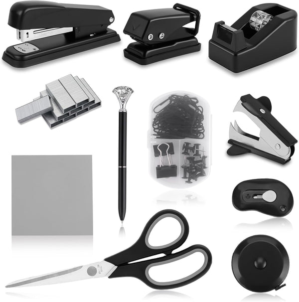 Black Desk Accessory Kit, Cute Office Supplies Set, Desktop Stapler Set includes Staple Remover, Hole Punch, Tape