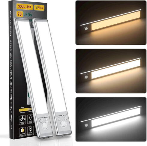 SOUL LINK Under Cabinet Lights,76 LED Operated Motion Sensor Light Indoor,1500mAh USB Rechargeable Closet