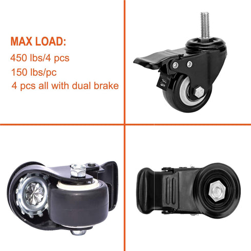 2" Stem Caster Wheels with Safety Dual Locking, 600Lbs Heavy Duty, No Noise Swivel Casters, Set of 4