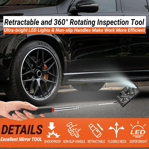 Fathers Day Gifts for Him - Telescoping Inspection Mirror with LED Light, Square Mechanic Tool for Dad, Husband