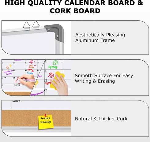 EAONE Double-Sided Magnetic Dry Erase Calendar - 16" X 12" Whiteboard and Cork Board Combo for Office, Kitchen, Home